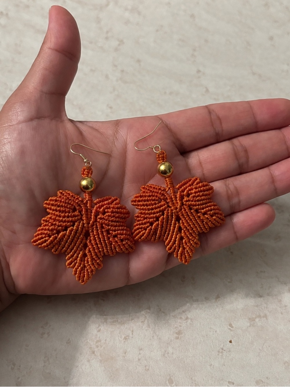 Handcrafted Orange Beaded Leaf Earrings